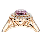 Double Halo Engagement Ring Setting for Fancy Pink Emerald Cut Center with Narrow Pave Split Shank and Prong Head in Rose Gold