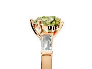 3 Stone Engagement Ring Setting for Fancy Yellow Heart-Shaped Center with Channel Baguette Accents and Prong Head in Rose Gold