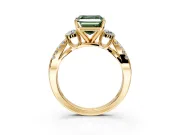 3 Stone Engagement Ring Setting for Fancy Green Asscher Cut Center with Pave Split Shank and Prong Head in Yellow Gold
