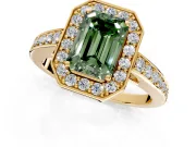 Bezel-Framed Halo Engagement Ring Setting for Fancy Green Emerald Cut Center with Pave Band and Prong Head in Yellow Gold