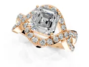 Halo Engagement Ring Setting for Asscher Cut Center with Pave Infinity Twist Band and Prong Head in Rose Gold