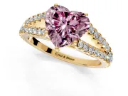 Solitaire Engagement Ring Setting for Fancy Pink Heart-Shaped Center with Pave Split Shank and Prong Head in Yellow Gold