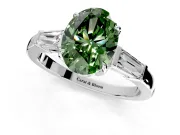 3 Stone Engagement Ring Setting for Fancy Green Oval Center with Baguette Accents and Prong Head in Sterling Silver
