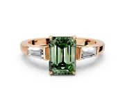 3 Stone Engagement Ring Setting for Fancy Green Emerald Cut Center with Baguette Accents and Prong Head in Rose Gold