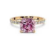 Solitaire Engagement Ring Setting for Fancy Pink Cushion Cut Center with Fine Pave Narrow Band and Prong Head in Yellow Gold