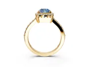 Halo Engagement Ring Setting for Fancy Blue Cushion Cut Center with Inner Milgrain Border and Prong Head in Yellow Gold
