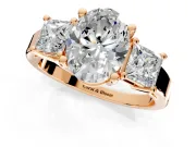 3 Stone Engagement Ring Setting for Oval Center with Matching Side Accents and Prong Head in Rose Gold