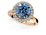 Halo Engagement Ring Setting for Fancy Blue Round Cut Center with Thin Plain Band and Prong Head in Rose Gold