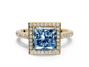 Halo Engagement Ring Setting for Fancy Blue Princess Cut Center with Pave Accents, Heart Basket and Prong Head in Yellow Gold