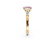 3 Stone Engagement Ring Setting for Fancy Pink Radiant Cut Center with Channel Baguette Accents and Prong Head in Yellow Gold