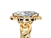Halo Engagement Ring Setting for Marquise Center with Open Scroll Shoulders and Prong Head in Yellow Gold