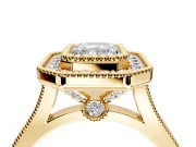 Halo Engagement Ring Setting for Emerald Cut Center with Milgrain Frame, Pave Band and Prong Head in Yellow Gold
