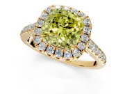 Halo Engagement Ring Setting for Fancy Yellow Cushion Cut Center with Narrowing Pave Band and Prong Head in Yellow Gold