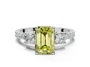 3 Stone Engagement Ring Setting for Fancy Yellow Emerald Cut Center with Round Cut Side Accents and Prong Head in Platinum