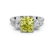 3 Stone Engagement Ring Setting for Fancy Yellow Radiant Cut Center with Crossover Basket, Pave Band and Prong Head in Sterling Silver
