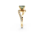 Solitaire Engagement Ring Setting for Fancy Green Princess Cut Center with Pave Bypass Swirl Band and Prong Head in Yellow Gold