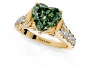 Solitaire Engagement Ring Setting for Fancy Green Heart-Shaped Center with Pave Cathedral Shoulders and Prong Head in Yellow Gold