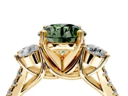 3 Stone Engagement Ring Setting for Fancy Green Round Cut Center with Crossover Basket, Pave Band and Prong Head in Yellow Gold