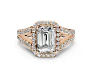Halo Engagement Ring Setting for Emerald Cut Center with Narrow Pave Split Shank and Prong Head in Rose Gold