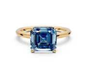 Hidden Halo Engagement Ring Setting for Fancy Blue Asscher Cut Center with Thin Rounded Band and Prong Head in Yellow Gold