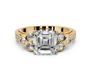 Cluster Engagement Ring Setting for Asscher Cut Center with Bezel Accent Clusters and Prong Head in Yellow Gold
