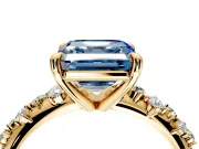 Solitaire Engagement Ring Setting for Fancy Blue Asscher Cut Center with Trailing Leaf Accent Band and Prong Head in Yellow Gold