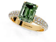 Solitaire Engagement Ring Setting for Fancy Green Emerald Cut Center with Domed Multi-Row Pave Band and Prong Head in Yellow Gold