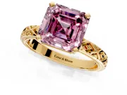 Solitaire Engagement Ring Setting for Fancy Pink Asscher Cut Center with Milgrain X Pattern Band and Prong Head in Yellow Gold