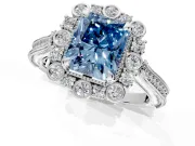 Milgrain Halo Engagement Ring Setting for Fancy Blue Radiant Cut Center with Bezel Point Accents and Prong Head in White Gold