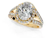 Halo Engagement Ring Setting for Oval Center with Narrow Pave Split Shank and Prong Head in Yellow Gold