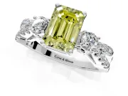 3 Stone Engagement Ring Setting for Fancy Yellow Emerald Cut Center with Pave Split Shank and Prong Head in Platinum