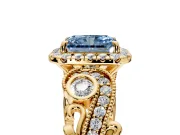 Milgrain Halo Engagement Ring Setting for Fancy Blue Radiant Cut Center with Shoulder Bezels and Prong Head in Yellow Gold