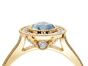 Halo Engagement Ring Setting for Fancy Blue Pear-Shaped Center with Milgrain Pave Band and Bezel Head in Yellow Gold