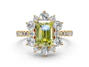 Floral Halo Engagement Ring Setting for Fancy Yellow Emerald Cut Center with Pave Accents and Prong Head in Yellow Gold