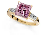 3 Stone Engagement Ring Setting for Fancy Pink Princess Cut Center with Tapered Baguettes, Plain Band and Prong Head in Yellow Gold