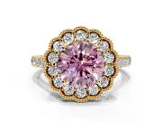 Milgrain Floral Halo Engagement Ring Setting for Fancy Pink Round Cut Center with Pave Band and Prong Head in Yellow Gold