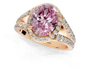 Halo Engagement Ring Setting for Fancy Pink Oval Center with Narrow Pave Split Shank and Prong Head in Rose Gold