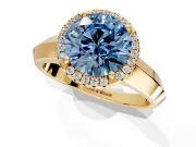 Halo Engagement Ring Setting for Fancy Blue Round Cut Center with Knife Ridge Cathedral Band and Prong Head in Yellow Gold