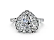 Milgrain Floral Halo Engagement Ring Setting for Heart-Shaped Center with Pave Band and Prong Head in White Gold