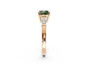 3 Stone Engagement Ring Setting for Fancy Green Cushion Cut Center with Baguette Accents and Prong Head in Rose Gold