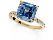 Solitaire Engagement Ring Setting for Fancy Blue Asscher Cut Center with Fine Pave Narrow Band and Prong Head in Yellow Gold