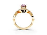 Halo Engagement Ring Setting for Fancy Pink Emerald Cut Center with Pave Infinity Twist Band and Prong Head in Yellow Gold