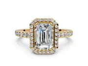 Halo Engagement Ring Setting for Emerald Cut Center with Inner Milgrain Border and Prong Head in Yellow Gold