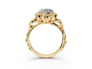 Halo Engagement Ring Setting for Heart-Shaped Center with Open Scroll Shoulders and Prong Head in Yellow Gold
