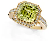 Bezel-Framed Halo Engagement Ring Setting for Fancy Yellow Asscher Cut Center with Pave Band and Prong Head in Yellow Gold