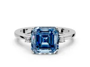 3 Stone Engagement Ring Setting for Fancy Blue Asscher Cut Center with Low-Set Round Cut Accents and Prong Head in Platinum