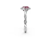 Halo Engagement Ring Setting for Fancy Pink Round Cut Center with Pave and Plain Twist Band and Prong Head in White Gold
