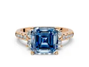 Paired Accent Engagement Ring Setting for Fancy Blue Asscher Cut Center with Pave Band and Prong Head in Rose Gold