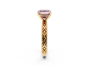 Solitaire Engagement Ring Setting for Fancy Pink Asscher Cut Center with Milgrain X Pattern Band and Prong Head in Yellow Gold