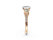 3 Stone Engagement Ring Setting for Asscher Cut Center with Crossover Basket, Pave Band and Prong Head in Rose Gold